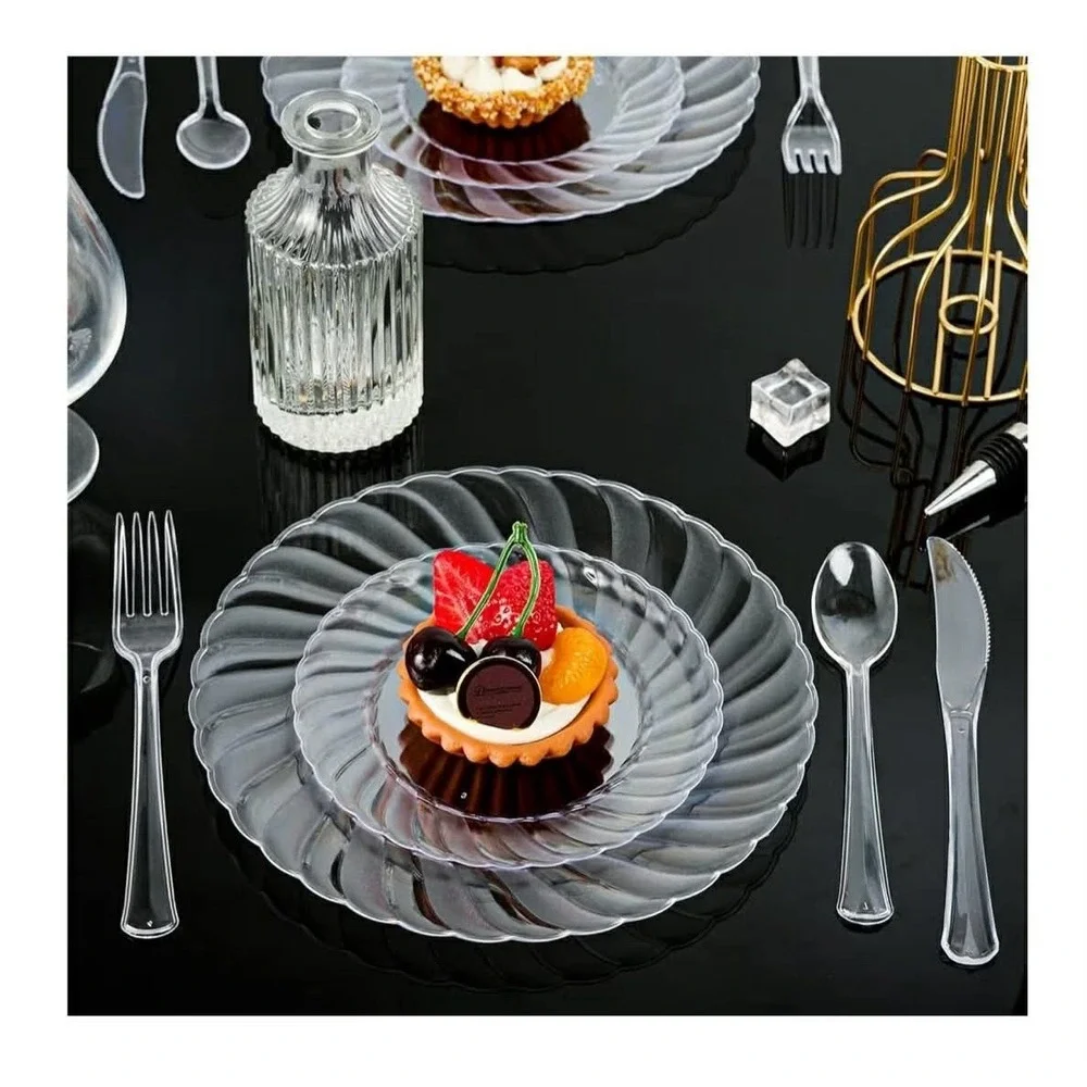 FOCUSLINE 100 Count Clear Plastic Plates 9 Inch, Disposable Heavy Duty Dinner...